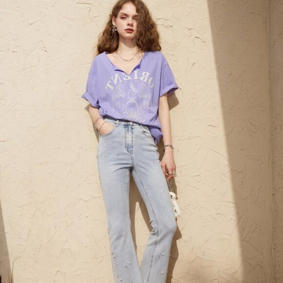 Temperament purple V-neck T-shirt lazy style retro design feel top - Picture 2 of 3